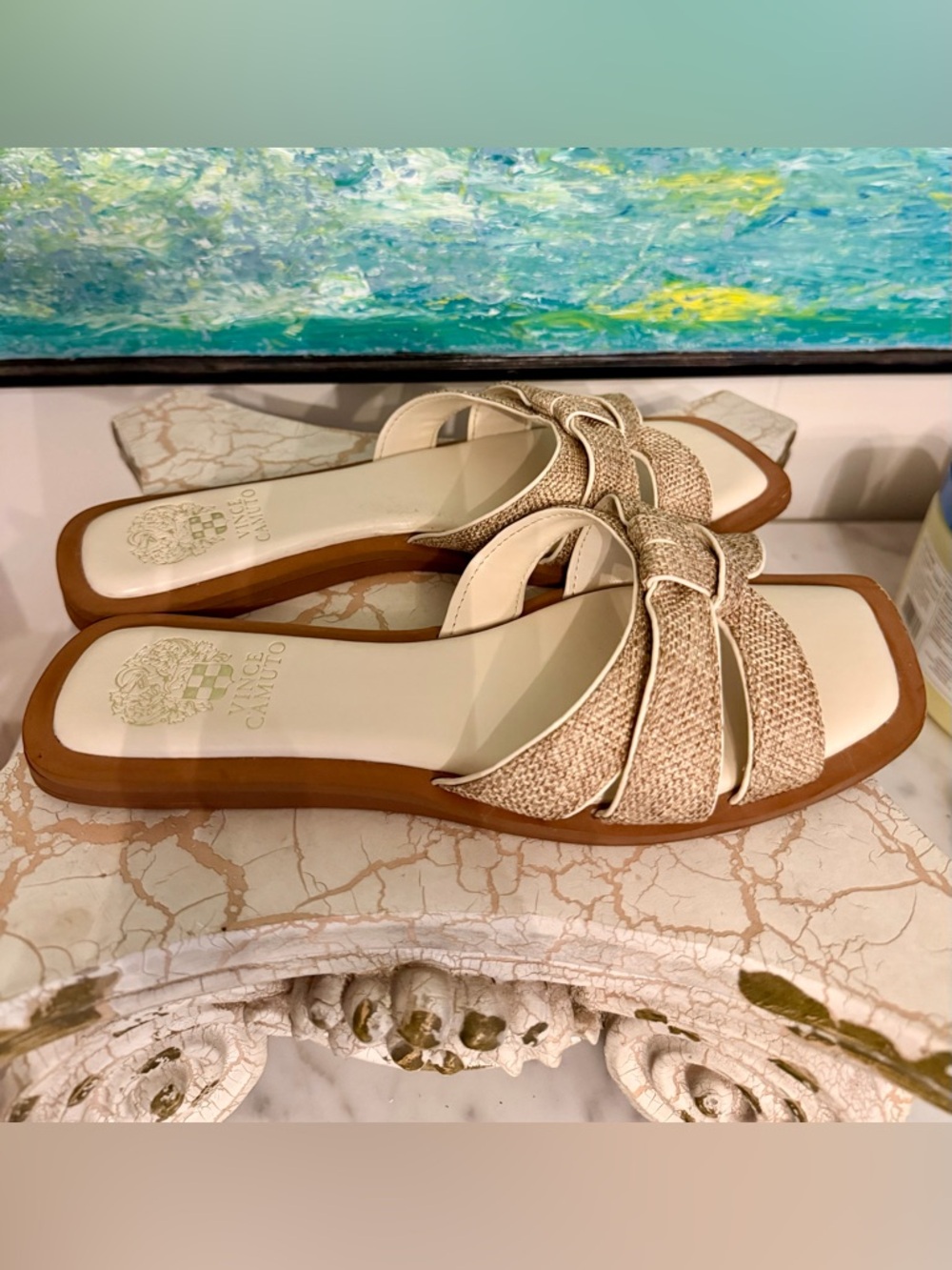 Vince Camuto Natural Beige Woven Slide Mules